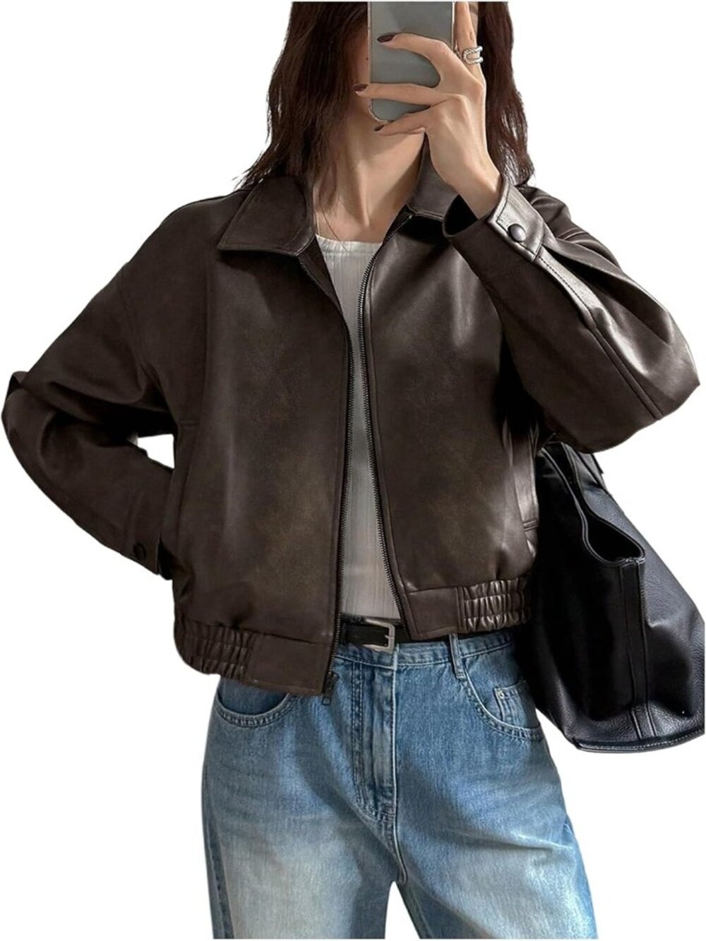 Women's Deep Brown Winter Faux Leather Zip Up Jacket Oversized Bomber Crop Coat